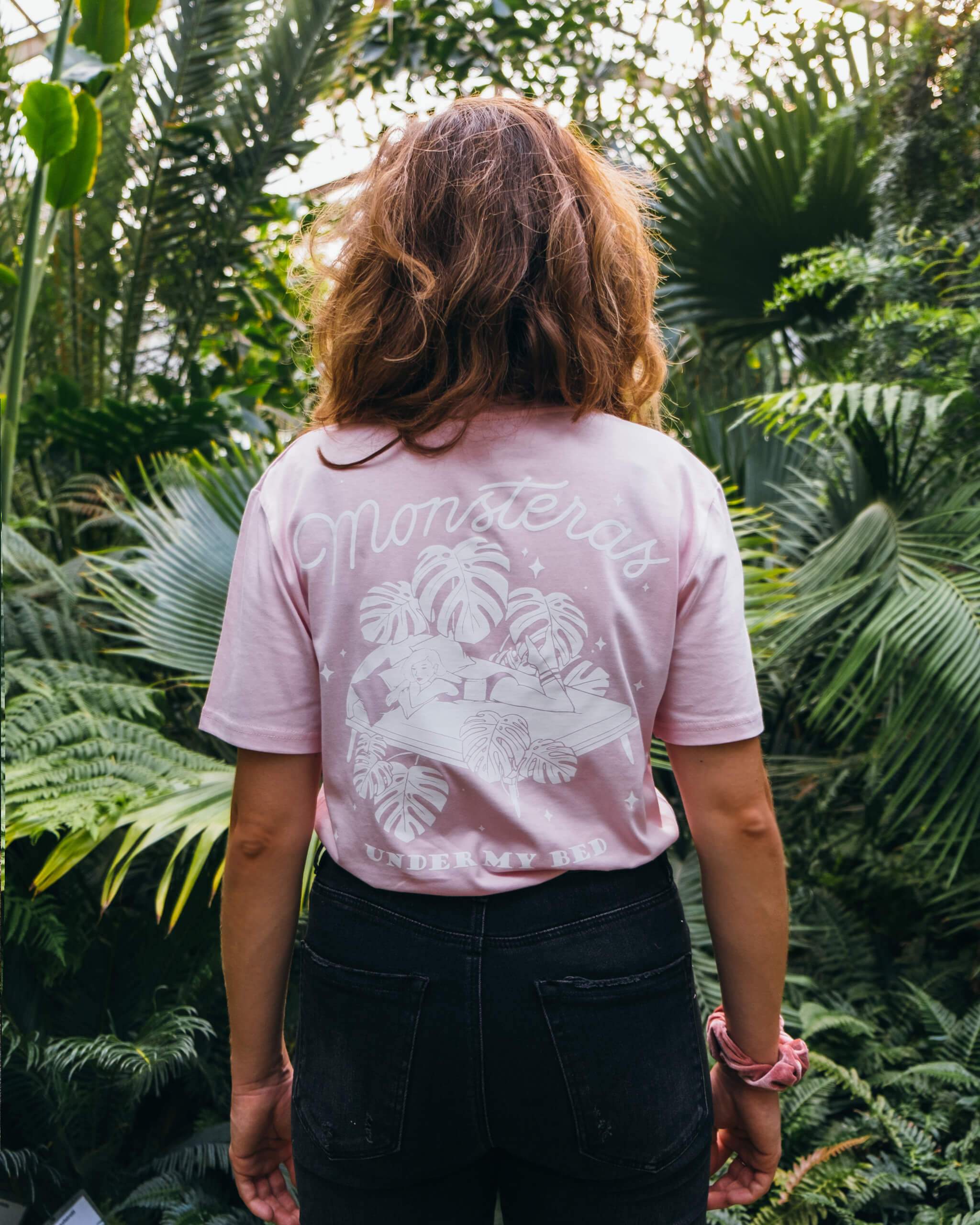 Monsteras Under My Bed Pink T-shirt - plantsnobiety